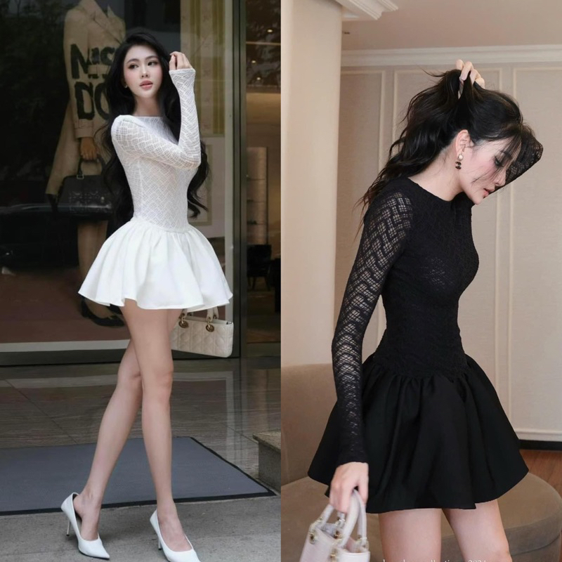 [สินค้า 2 ชั้น - มีซิป] ชุดออกงานผู้หญิง เดรสลูกไม้ดีไซน์คอกลมและแขนยาวแขนพองหรูหรา Chou Chou