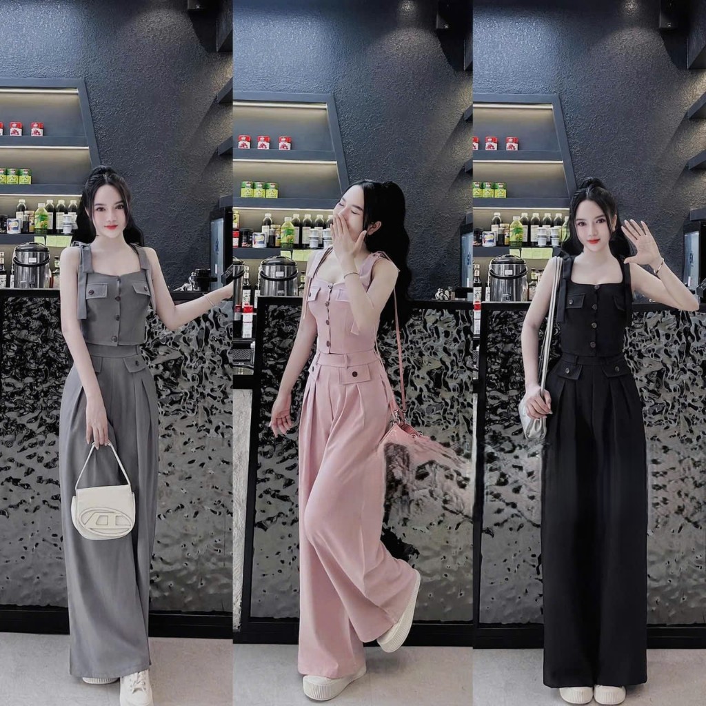 ชุดดีไซน์ 3 สี สุด ๆ สวย สําหรับสุภาพสตรีออฟฟิศ ถ่ายรูป เดินไปรอบเมือง ชุดเสื้อผูกโบว์ 2 ไหล่มีกระดุมและกางเกงขายาวทรงตร