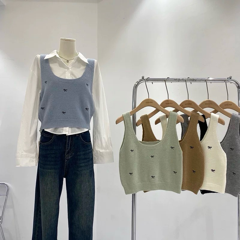 เสื้อกั๊กเสื้อครอปผ้าวูลปักลายโบว์เล็กเพื่อพิกัดกับชุด ลูมิอิ