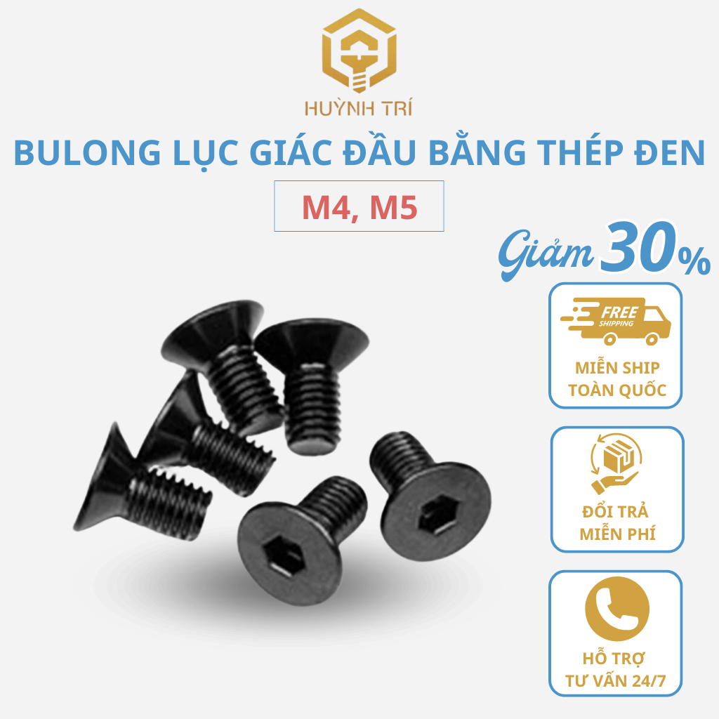 กลอนหัวหกเหลี่ยมทําจากเหล็กนิรภัยสีดําเกรด 10.9 Size M4, M5 10mm - 40mm