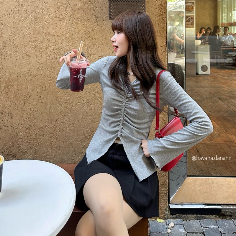เสื้อเชิ้ตคอปกเปิดแขนยาวสไตล์ออลจังสําหรับผู้หญิงมีกระดุม HAVANA ATH481