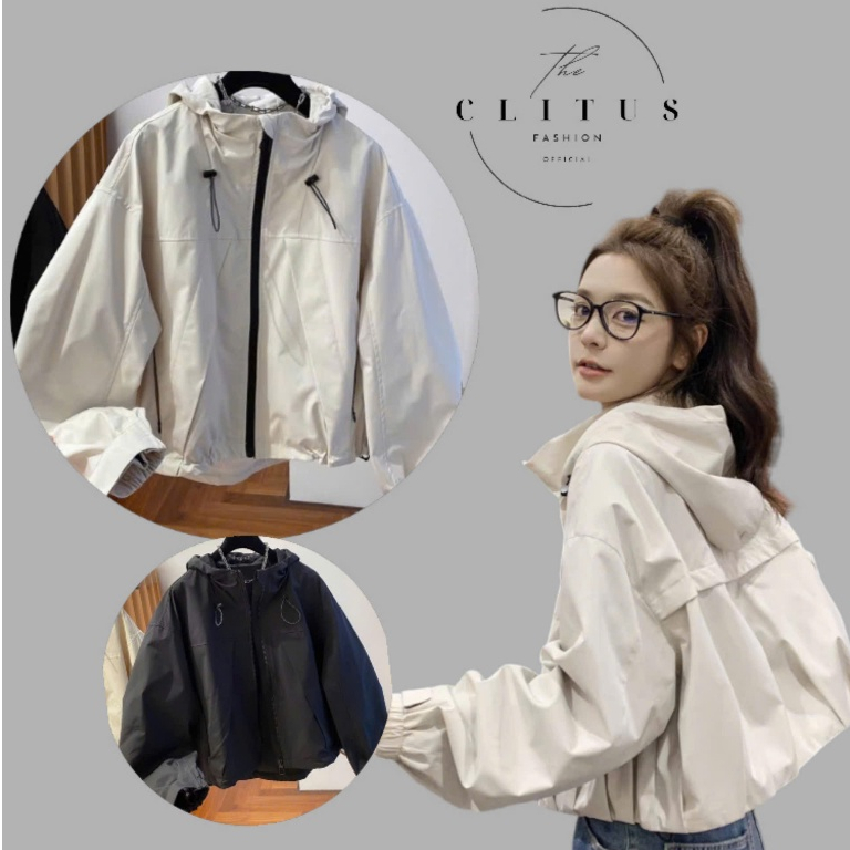 เสื้อแจ็คเก็ตสตรี Clitus พร้อมฮู้ดกันแดด คอปก พนังแนวทแยงรุ่นใหม่ อ่อนเยาว์ สไตล์สั้นแบบไดนามิก