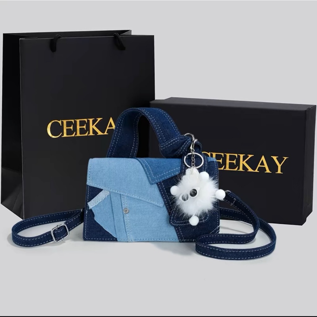 กระเป๋าถือ Ceekay ของแท้ - กระเป๋าสะพายข้างผ้าเดนิมพร้อมตะขอหมีอ่อนโยนเฉพาะสไตล์ฝรั่งเศสรุ่นล่าสุดจา