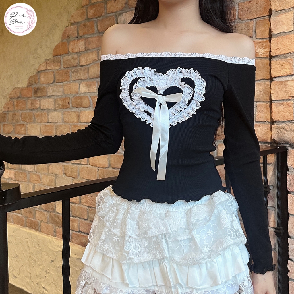 Pinkstore29 เสื้อเบลาส์แขนยาวเปิดไหล่ลูกไม้หัวใจและโบว์ A51161