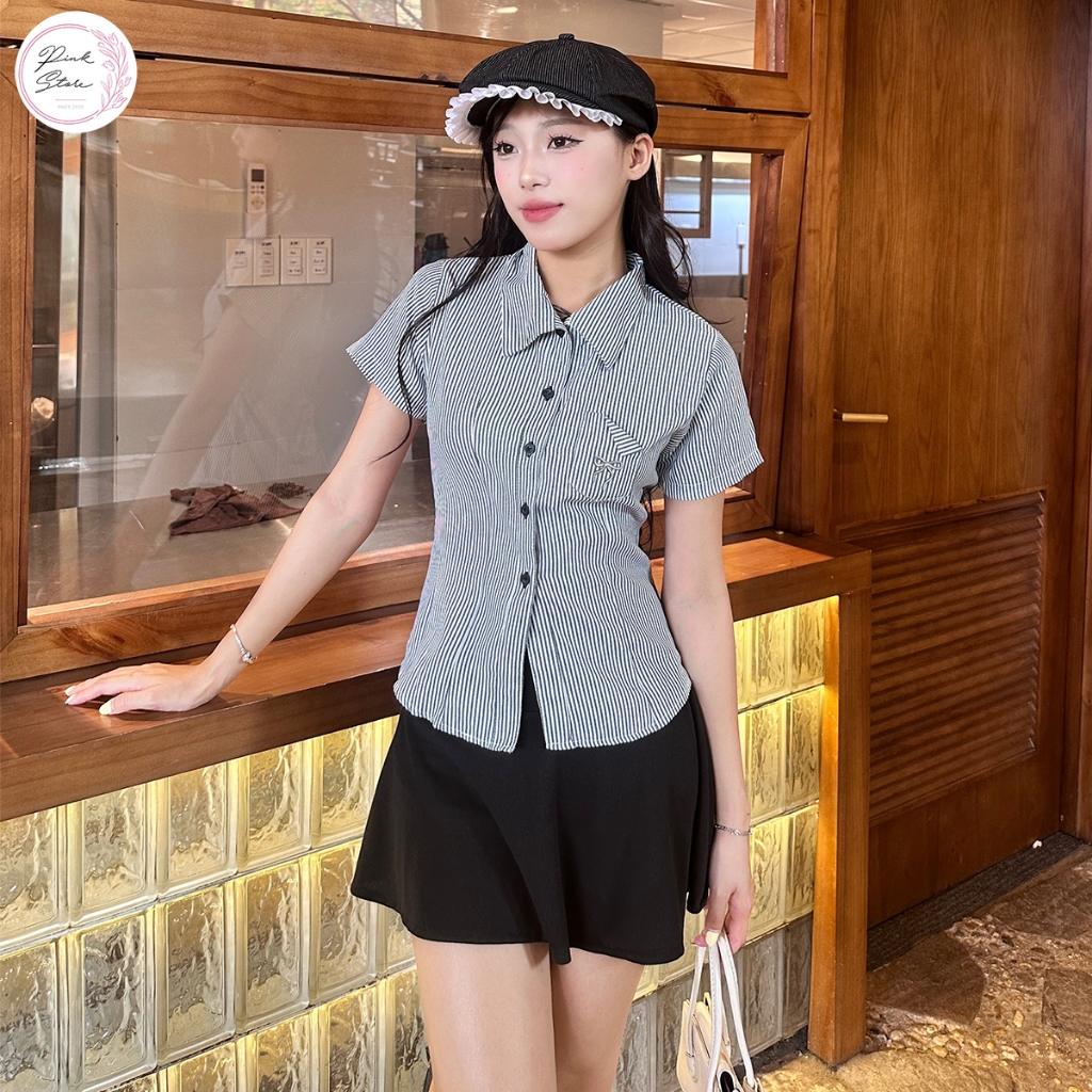 เสื้อเชิ้ตลายสก๊อตแขนสั้นผู้หญิง PINKSTORE29 โบว์พิมพ์กระเป๋าสไตล์เอว A51162