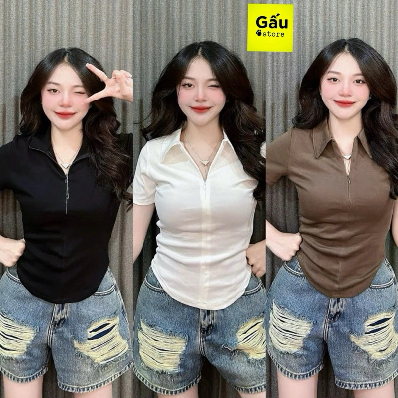 เสื้อยืดผู้หญิงคอปกและซิปแบบบาง (ซิป M Po Lo B56)