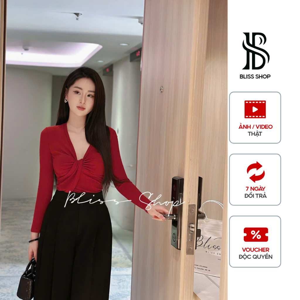 Bliss Shop - Lorelei Top - เสื้อยืดแขนยาวคอวีเข้ารูปยืด - A106