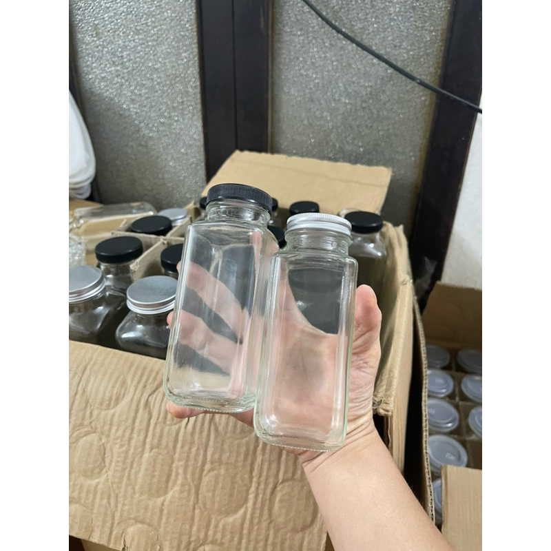 คอมโบขวดแก้วทรงสี่เหลี่ยมขนาด 250 มล. 10 ใบพร้อมฝาพลาสติกสําหรับเก็บน้ําผลไม้ ดีท็อกซ์ สมูทตี้ ชานม