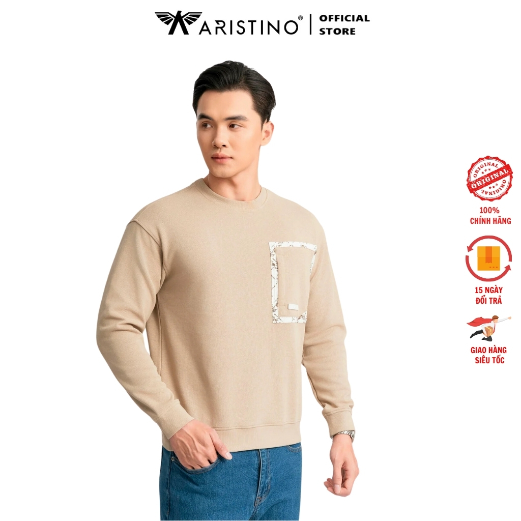 ARISTINO ASW018BZ เสื้อยืดแขนยาวคอกลมผู้ชาย ผ้าคอตตอนคุณภาพสูง เสื้อยืดสีเบจ 7 Casual fit