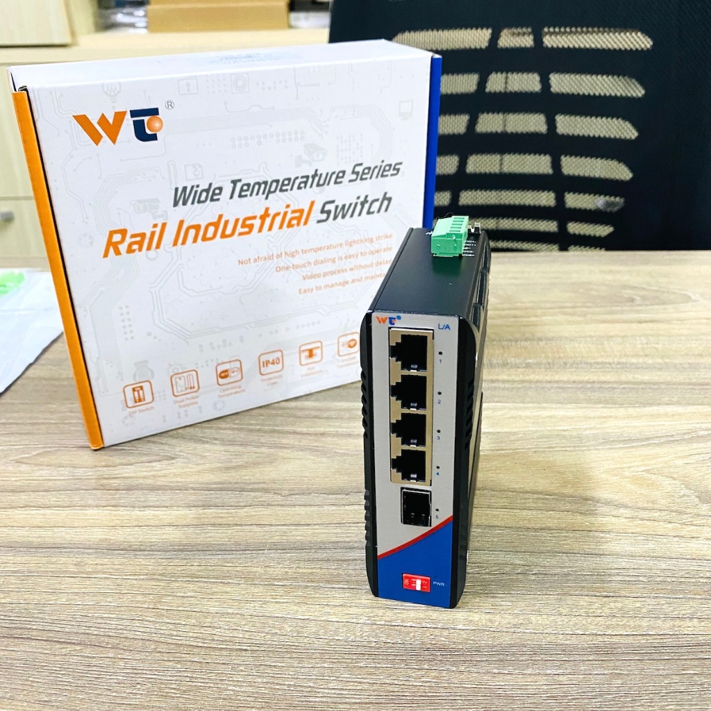 สวิตช์อุตสาหกรรม 4x10/100M RJ45 + 1xSFP Slot FE, DIN Rail, Dual DC Power 9-48VDC, P/N: WT-RS235-1F4T