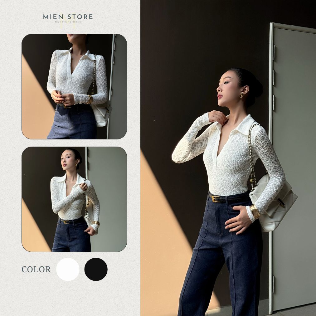 Mia MIEN STORE เสื้อยืดลูกไม้แขนยาวเข้ารูปสําหรับผู้หญิงยอดนิยม