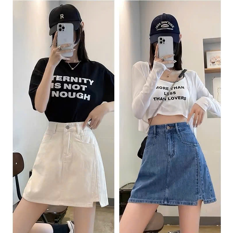 Chân Váy Denim xoè chữ A xẻ đùi cạp bigsize cao hàng Quảng Châu cao cấp đen trắng xanh năng động sin
