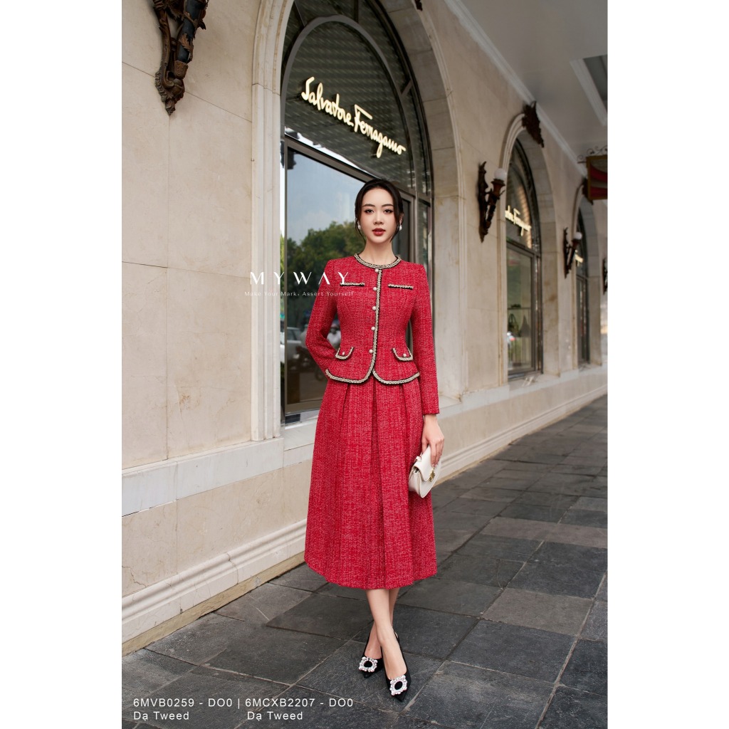 MY WAY ชุดเสื้อกั๊กผู้หญิงกระโปรงบานรอบคอ Tweed ชุดราตรีหรูหรา Pearl ปุ่ม Hem 6MVB0259w - 6MCXB2207w