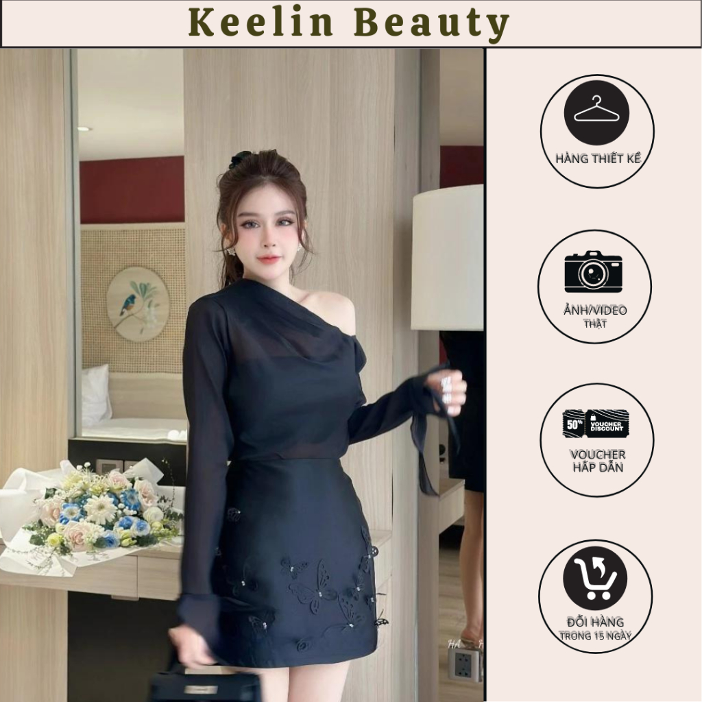 KEELIN BEAUTY N75 เดรสปาร์ตี้มีฟองย่นและกระโปรงปักเลื่อม