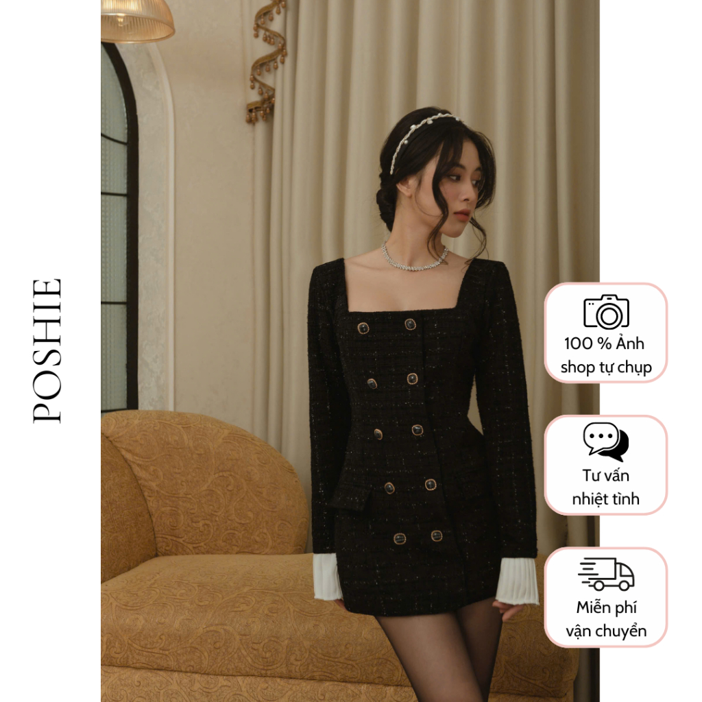 [POSHIE] เดรสหงส์ผ้าทวีตสีดําดีไซน์คอเหลี่ยมคุณภาพสูงแขนจับจีบหรูหรา