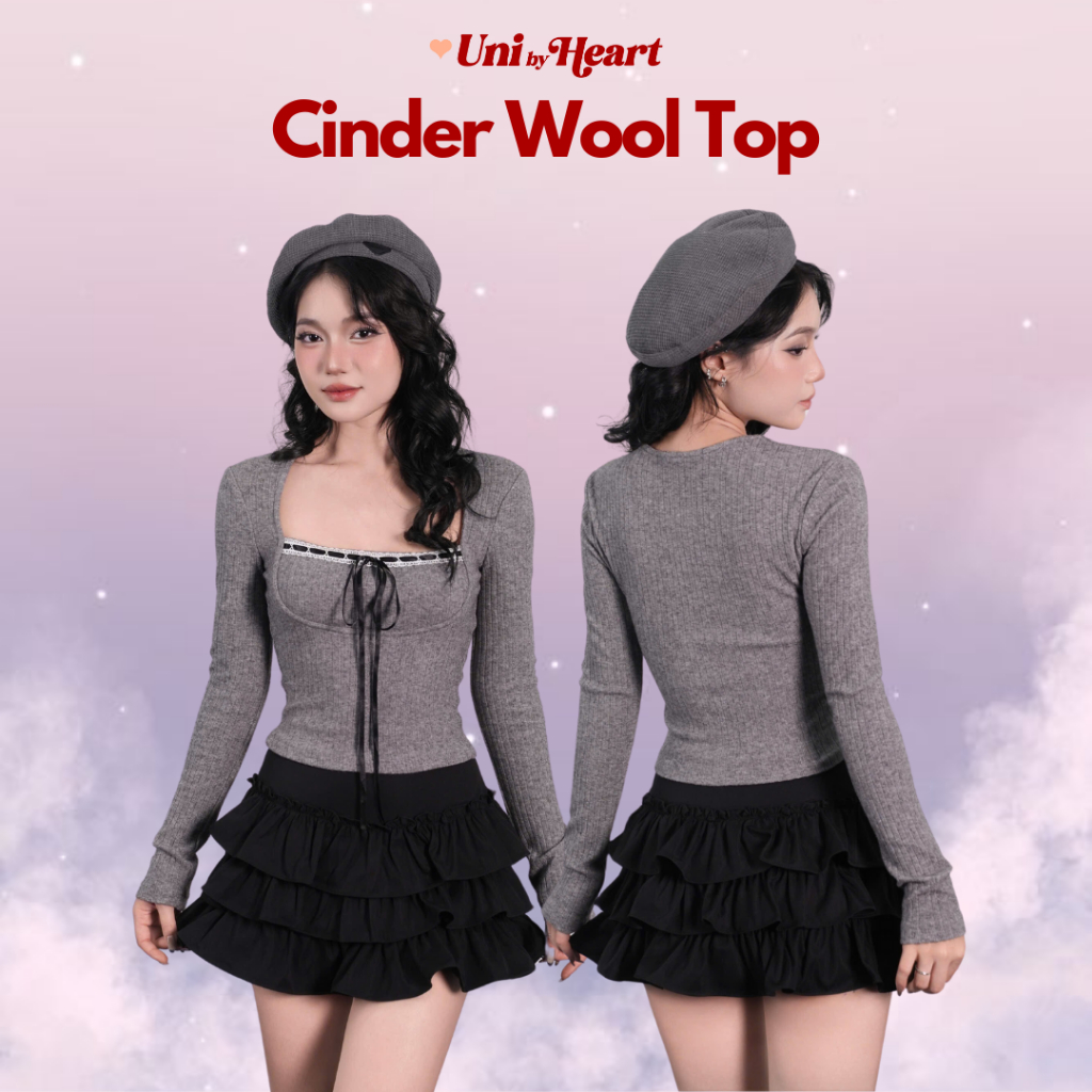 Cinder Top ACV01 เสื้อคอเหลี่ยมแขนยาวริบบิ้นโบว์ แต่งลูกไม้ขาวที่อก - Uni By Heart