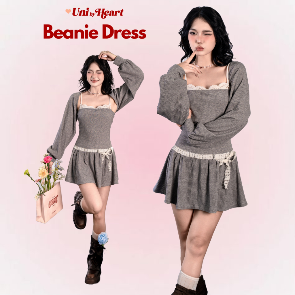 A-line two-piece Dress Set ลูกไม้หน้าอกและความยาวเอว & เสื้อครึ่งแขน over Beanie Dress SET01 -Uni B