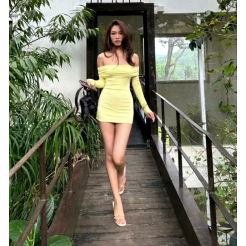 เดรสบอดี้คอนแขนยาว สุด ๆ สวย ทําจากผ้าฝ้ายหนา 3 ห่วง เดรสปาดไหล่เซ็กซี่หรูหราสําหรับออกไปปาร์ตี้
