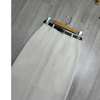 Susu clothing midi กระโปรงสํานักงาน 2 ชั้นตัวยาวมีซับในด้านใน กระเป๋า และเข็มขัดหนัง cv1