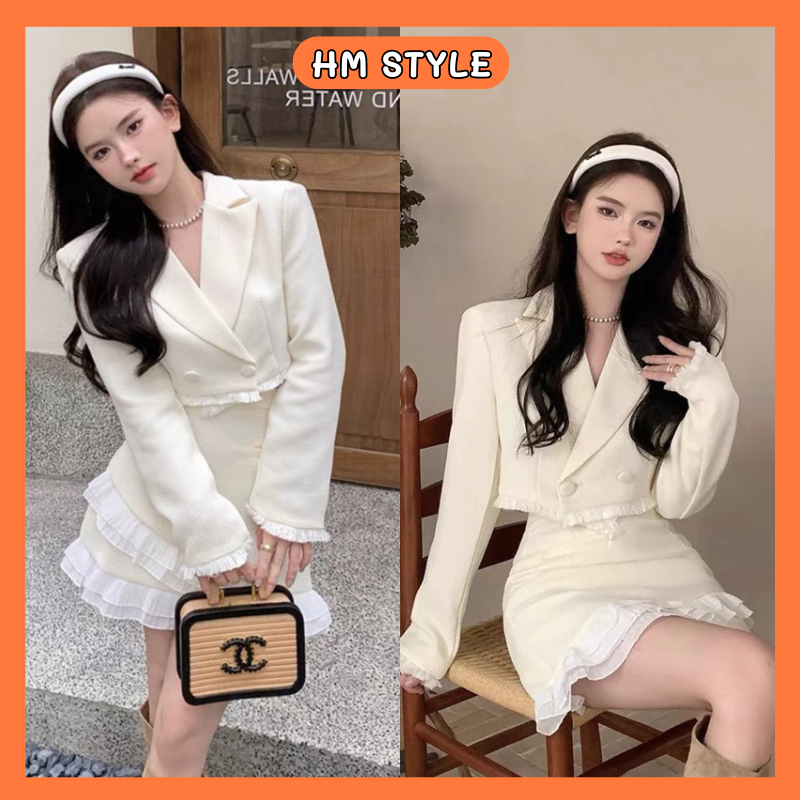 เสื้อครอป Lady Vest เซตพร้อมกระโปรงจับจีบและกางเกงกันโป๊ ชุดผู้หญิงน่ารักหรูหรา Set HB212
