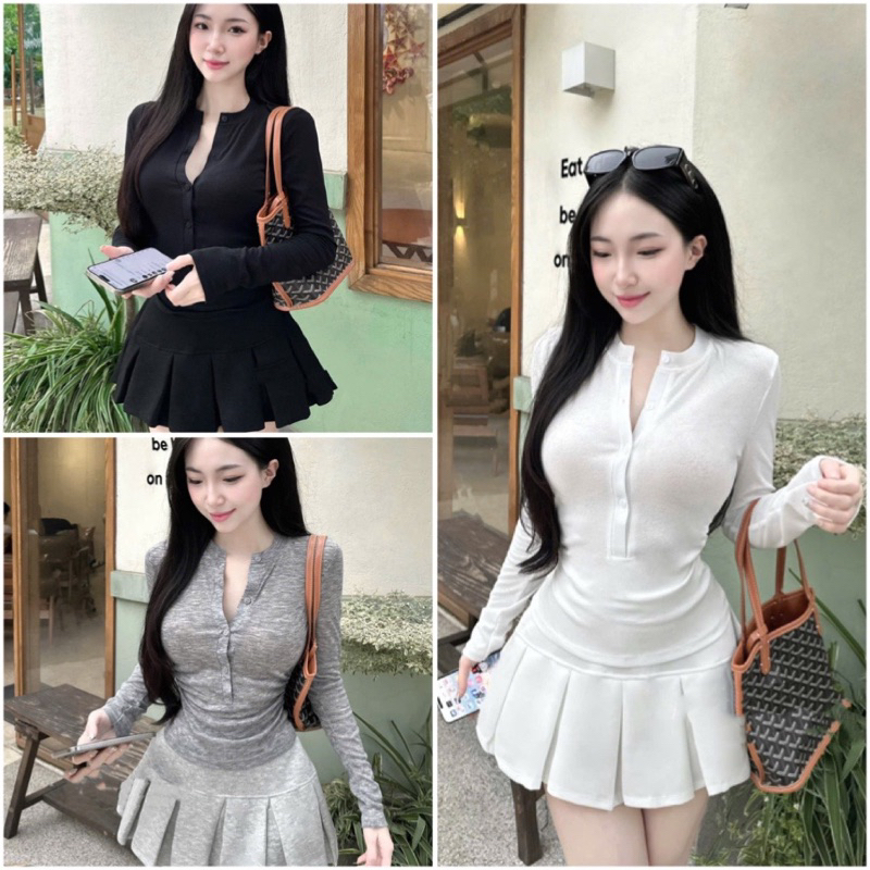 เสื้อยืดแขนยาว ชุดพร้อมกระโปรงพลีทเอวต่ําสุดแนว