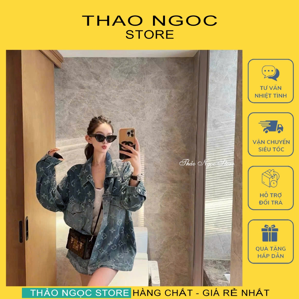 เสื้อแจ็คเก็ตยีนส์แขนยาวทรงหลวมสําหรับผู้หญิงมีลาย! ร้านท้าว NGOC
