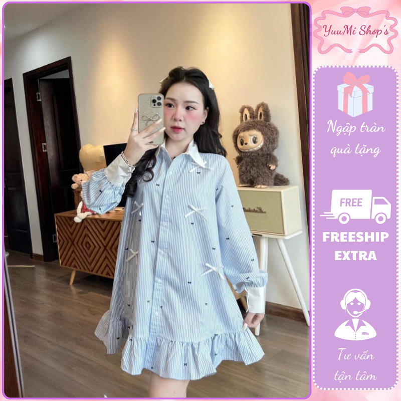 เดรสผู้หญิง เดรสผู้หญิงพร้อมเสื้อเชิ้ตแขนยาวชายบานดีไซน์ลายทางสีน้ําเงินสีรวมกันคอปกลายโบว์นูนสวยสุด HCOM3230 YuuMiStyle