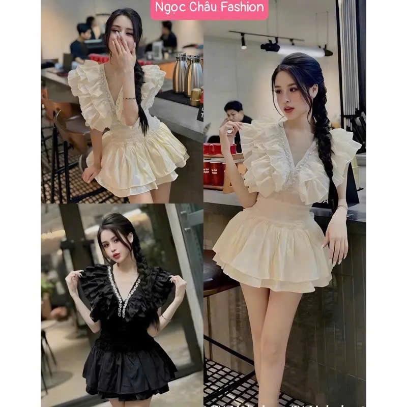 ชุดเดรสผู้หญิง ชุดเซตดีไซน์คอวีแต่งระบาย+กระโปรงบานเอวระบายใต้ 53กิโลกรัม ส013