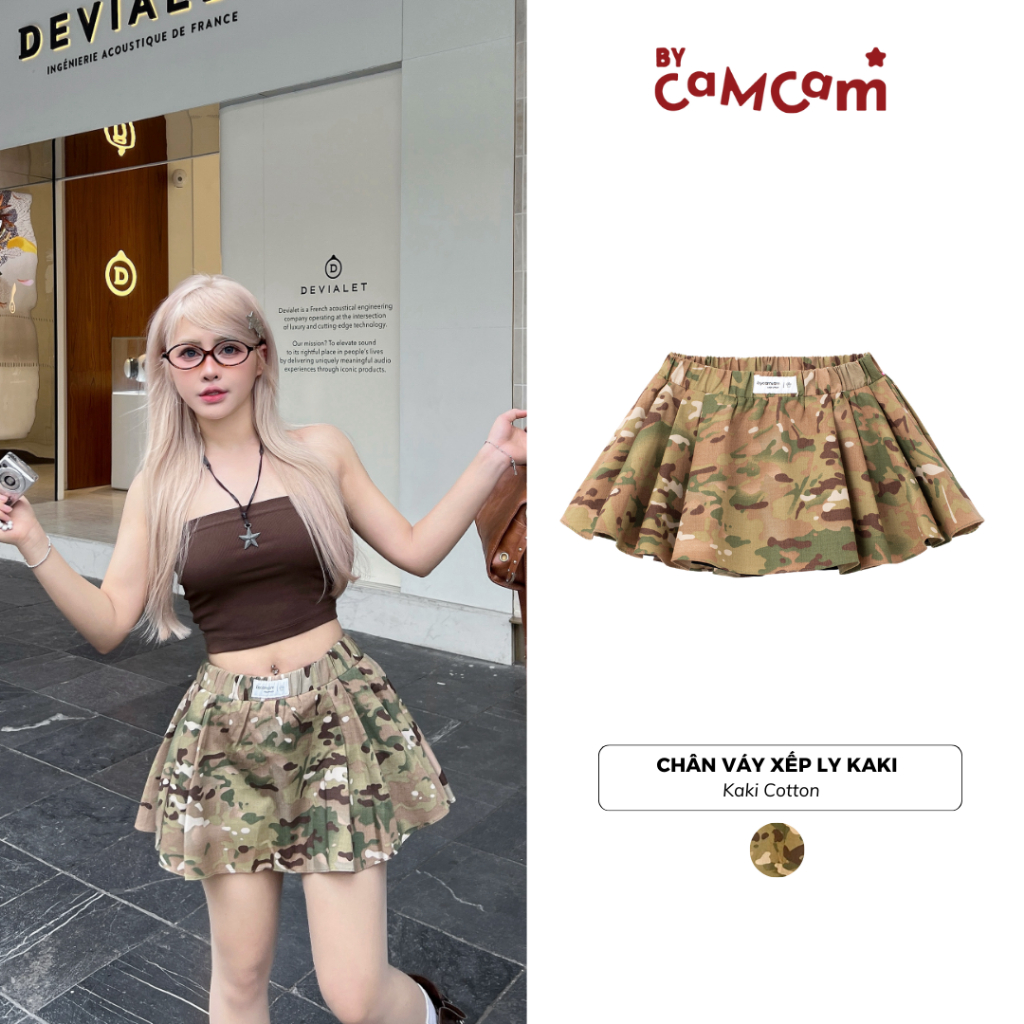 กระโปรงลายสก๊อต Bycam Khaki Cotton Elastic Waistband CAMO SKIRTS สไตล์ผู้หญิง 2024