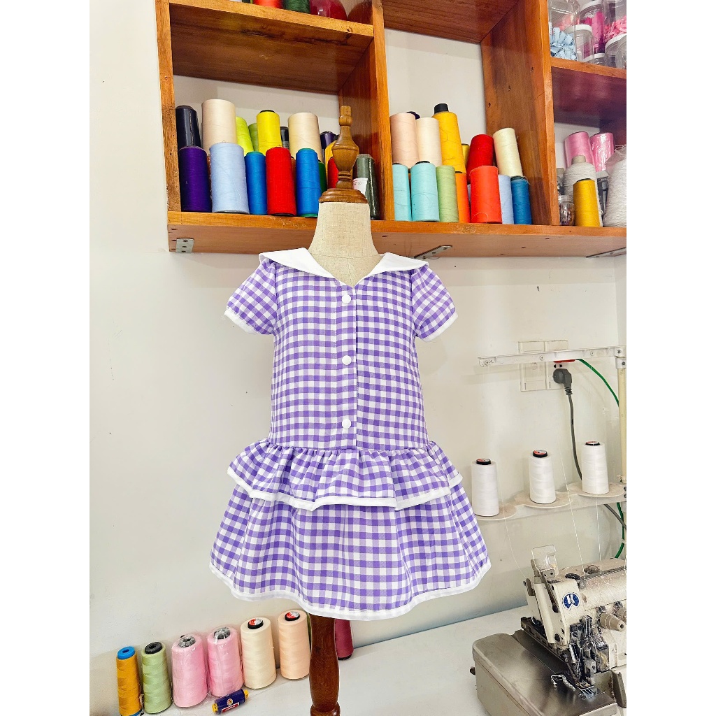 ชุดเดรสเด็กผู้หญิง A-Line Fishtail - ชุดเดรสลายหมากรุกคอตักน่ารักสําหรับเด็กใส่ไปโรงเรียนและออกไปข้า