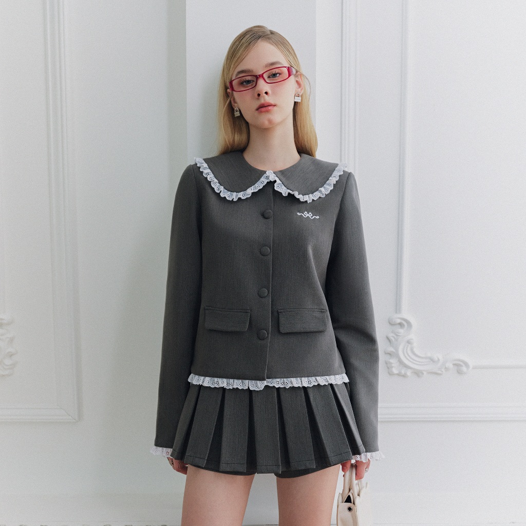 DARLING.ISM - เสื้อแจ็คเก็ตหยินแขนยาวลูกไม้ในผ้าคอตตอนสีเทาสุดเท่