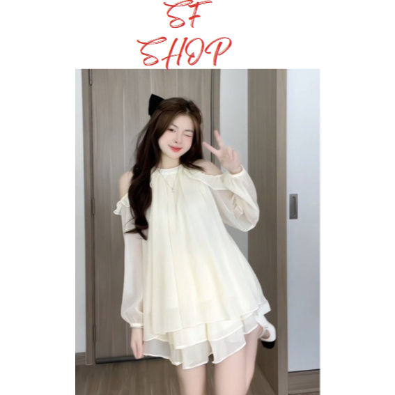 ชุดเดรสผ้าไหมเปิดไหล่ผู้หญิง Babydoll 2-Strap Off-Shoulder พร้อมกระโปรงบาน 2 ชั้น SFShop
