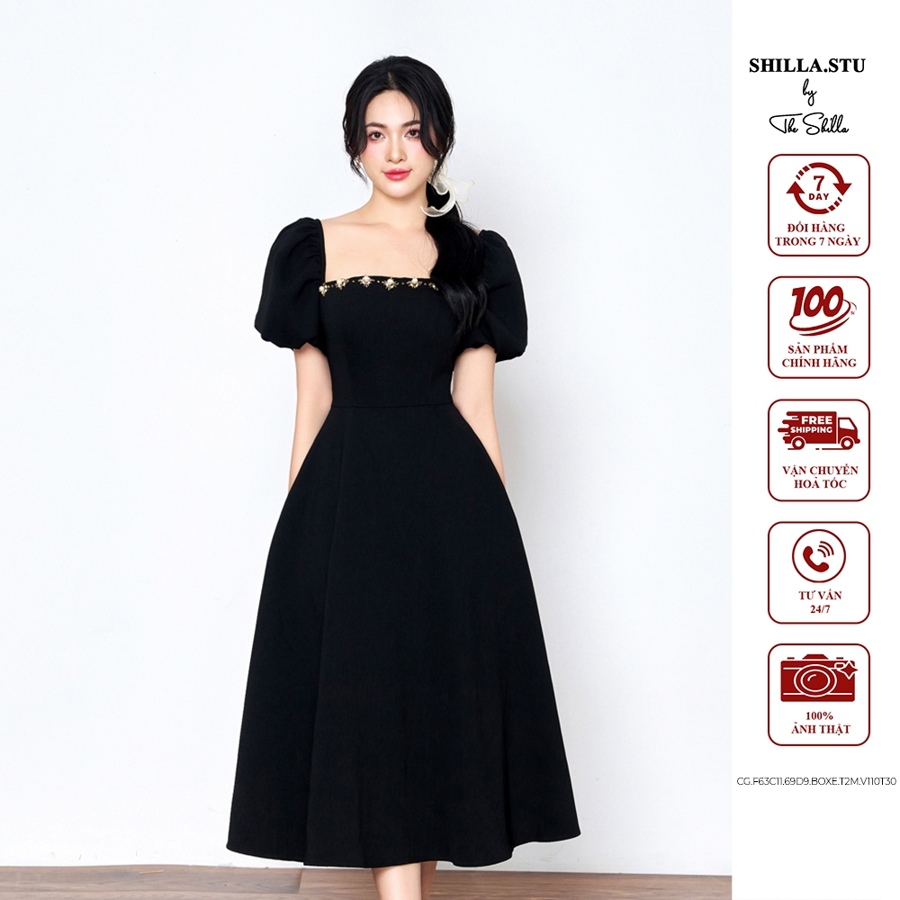 ชุดเดรสสีดําดีไซเนอร์ระดับไฮเอนด์คอเหลี่ยมและคอปกหรูหรา [รูปถ่ายจริง] The Shilla-CG.F63C11.69D9.BOXE