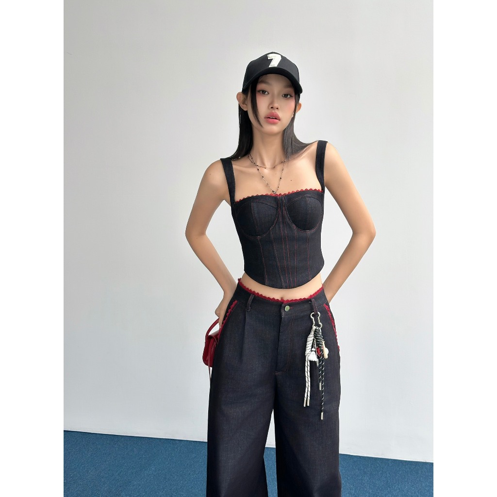 คอร์เซ็ท 2-Strap สีน้ําเงินเข้ม แต่งลูกไม้สีแดง - HOO DESIGN