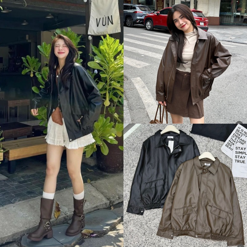 Form TO QC เสื้อแจ็คเก็ตหนัง biker มีกระเป๋ากล่อง 2 ชั้น เสื้อแจ็คเก็ตบอมเบอร์หนังสไตล์เรโทรพร้อมชายเสื้อ