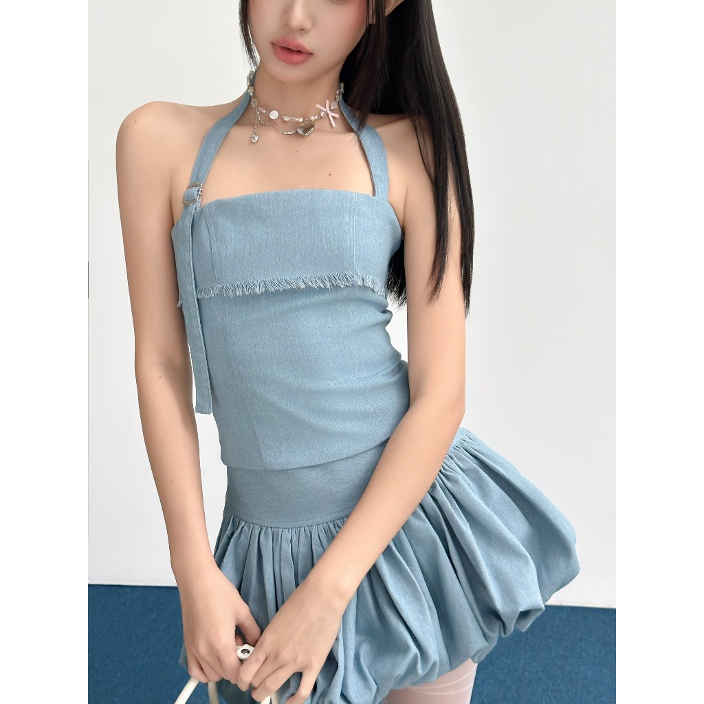 เสื้อเกาะอกยีนส์สีน้ําเงินมีซิปด้านหลัง - HOO DESIGN