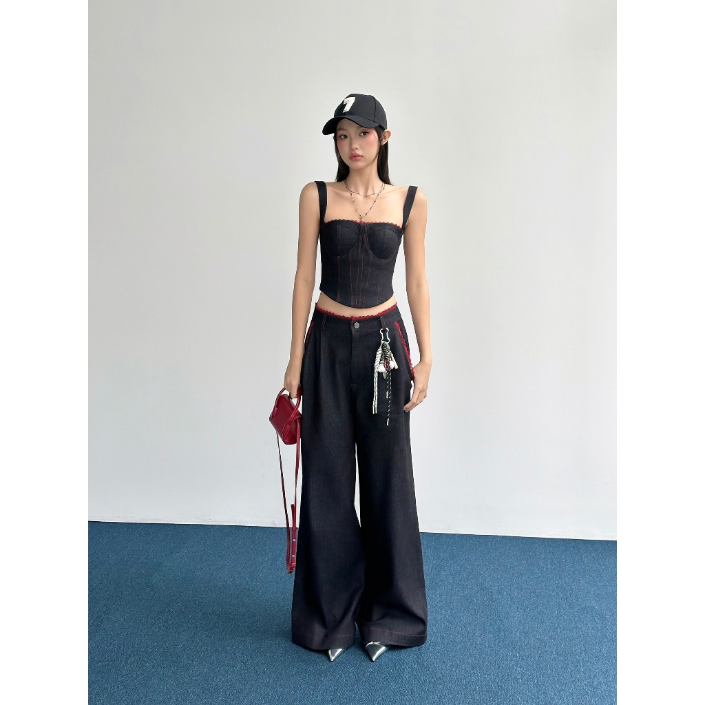 กางเกงยีนส์ขากว้างสีน้ําเงินเข้มลูกไม้สีแดง [หลากสี] Mira Pants- HOO DESIGN