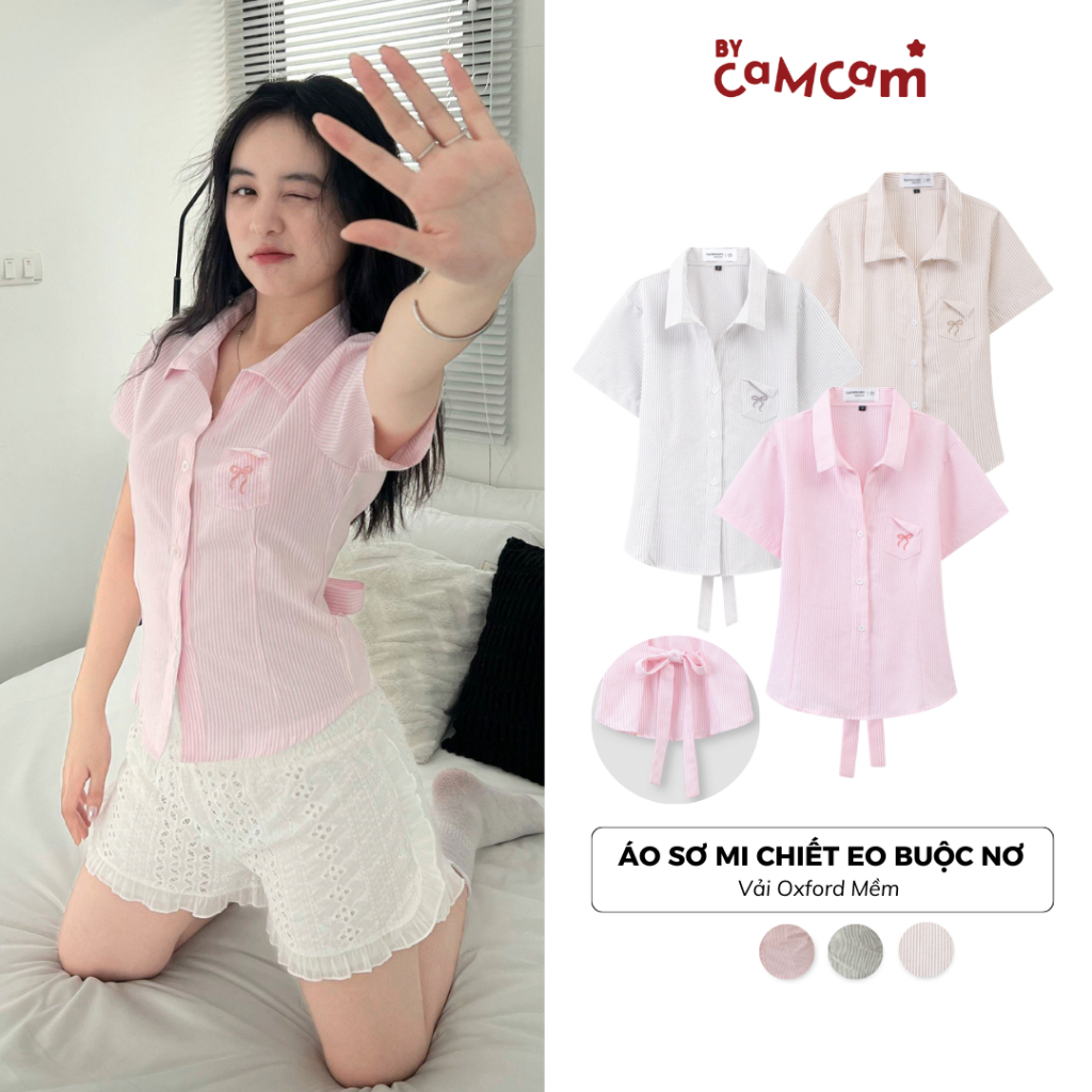 (เวอร์ชันพรีเมี่ยม) Bycamcam เสื้อเชิ้ตแขนยาวผูกโบว์พร้อมกระเป๋าหน้าอกสําหรับผู้หญิงสไตล์เกาหลี