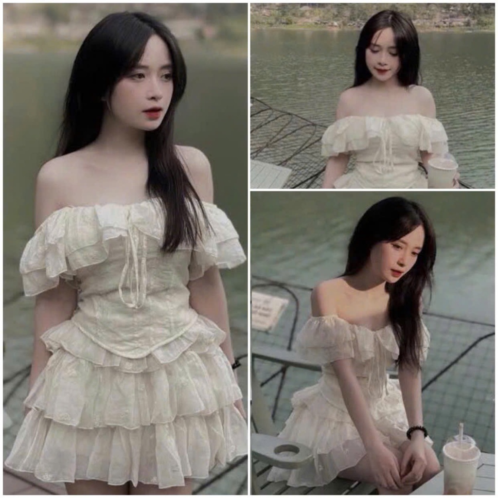 Set เสื้อปาดไหล่ลายดอกไม้พร้อมกระโปรงชั้นน่ารัก (มีซับใน) NK Boutique – NK105