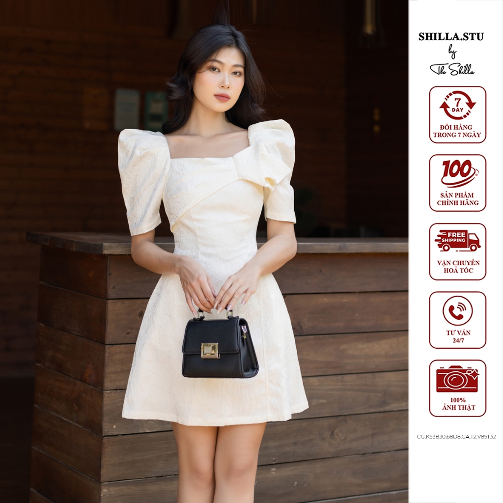 ชุดเดรสดีไซเนอร์ระดับไฮเอนด์สีขาวคอเหลี่ยมและโบว์หรูหรา [รูปถ่ายจริง]The Shilla-CG.K53B30.68D8