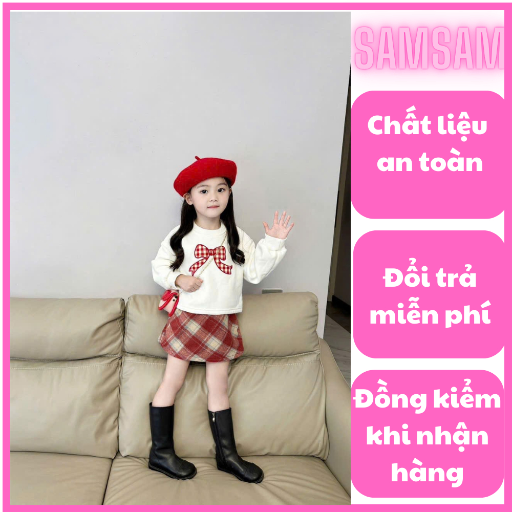 10-28กิโลกรัมเสื้อผ้าคริสต์มาสสําหรับเด็กผู้หญิงเสื้อโบว์สีแดงด้านหน้าและด้านหลัง ชุดผสมกระโปรงลายสก๊อต เอ็กซ์คิดส์สําหรับเด็กผู้หญิง