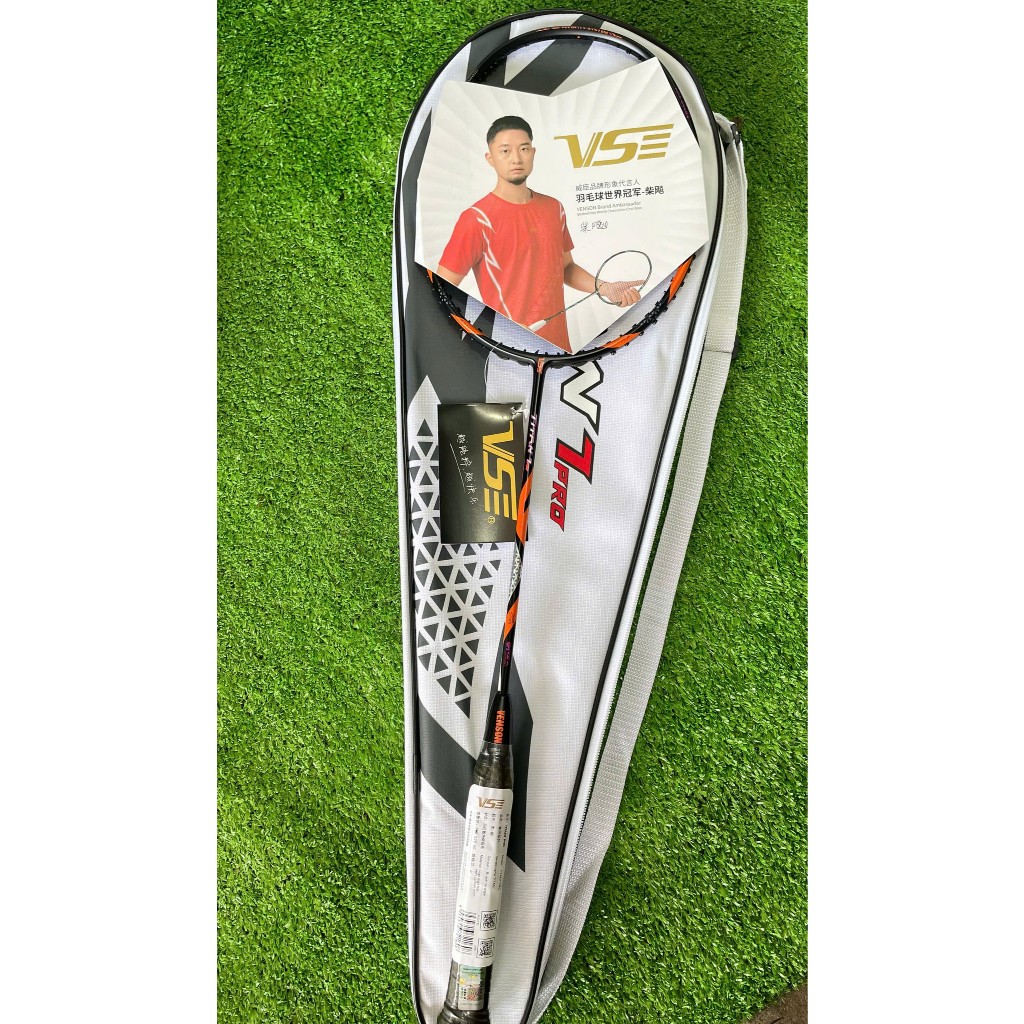 BADMINTON CKET VS TITAN 7 PRO GENUINE ORANGE BLACK 6 MONTHS, FREE STRING, HANDLE, AVAILABLE 11KG