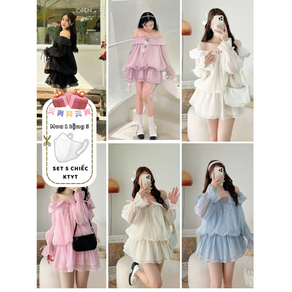 Babydoll Off Shoulder Long Sleeve Chunky เอว Dress -Yumi Dress