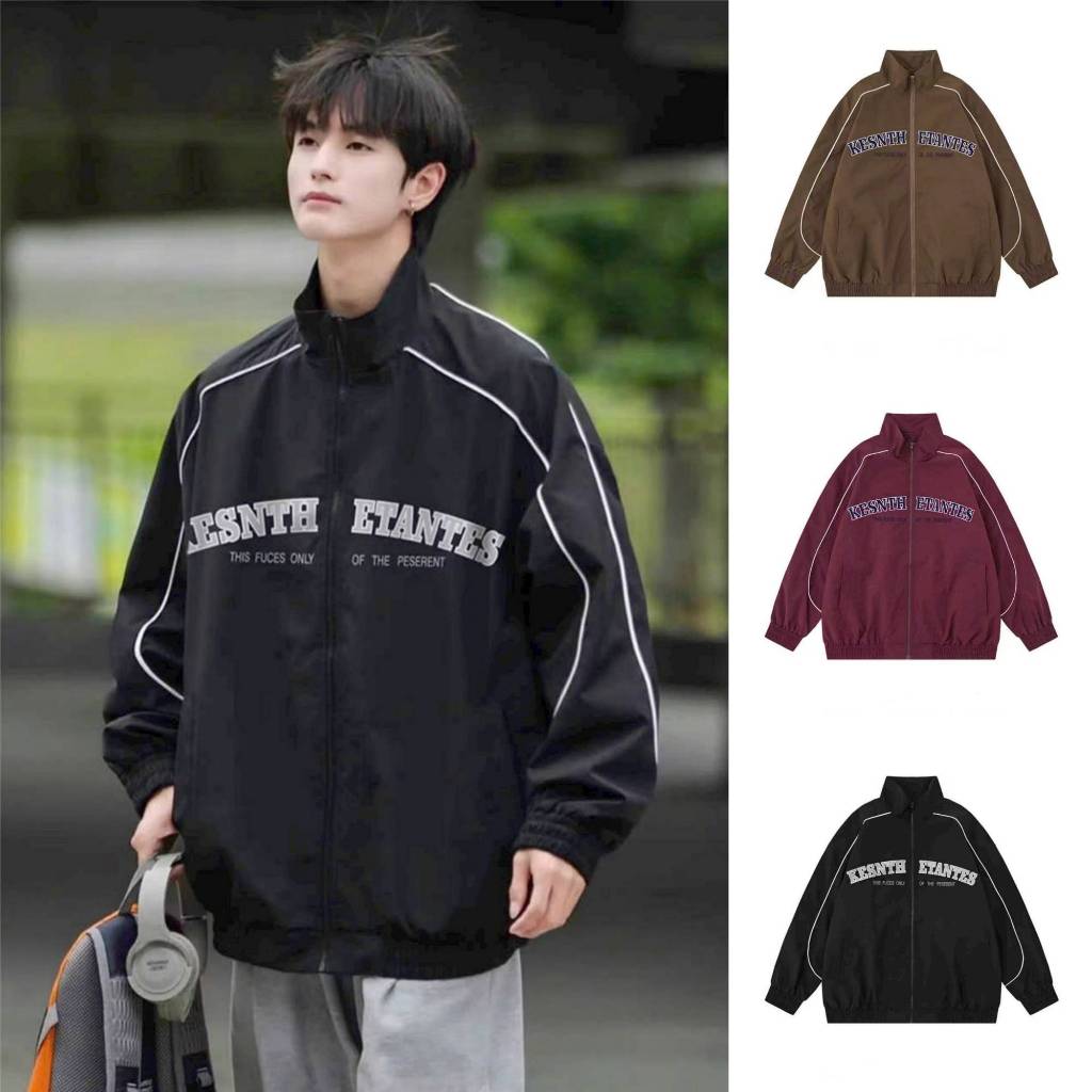 Eksnth LOGO เสื้อแจ็คเก็ตร่มชูชีพสําหรับผู้ชายและผู้หญิง Ulzzang Unisex หลวมรูปแบบเสื้อแจ็คเก็ตบอมเบอร์ธรรมดา - Fsshop68