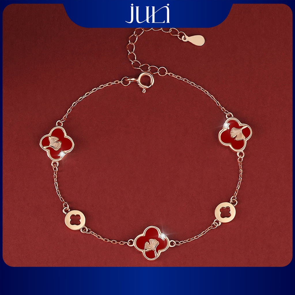 JULI สร้อยข้อมือโคลเวอร์สี่ใบสีแดงนําโชค | เงินแท้อิตาลีชุบทองคุณภาพสูง | LT168 | นําโชคลาภ