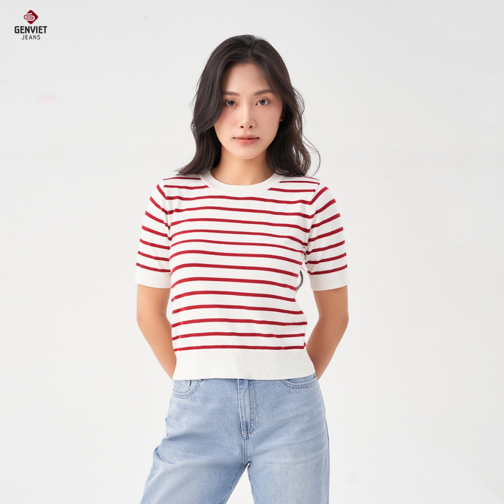 GENVIET JEANS เสื้อสเวตเตอร์แขนสั้นผู้หญิง วัสดุขนสัตว์ ทรงเข้ารูป DT2218I08810