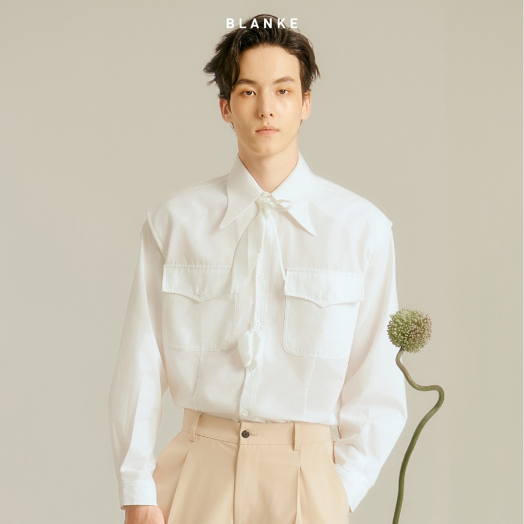 Blankespace Long Sleeve Carol Shirt Two-Color Black and White Cotton Twill สําหรับผู้ชายและผู้หญิง Unisex