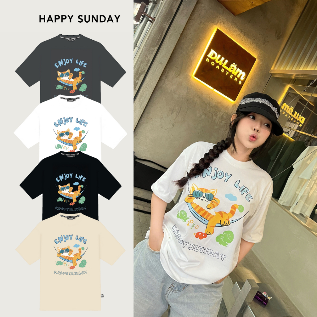 Local Brand Happy Sunday Dog - Cat Enjoy Life เสื้อยืดทรงหลวม Unisex