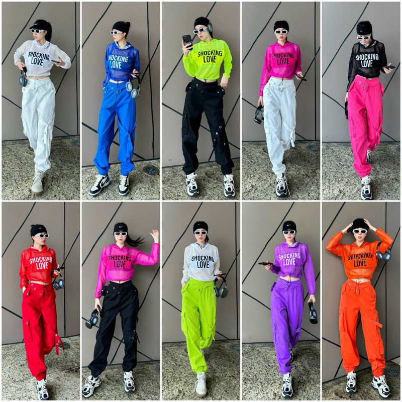 Mix Love เสื้อตาข่ายมีฮู้ด กางเกงสีกากี oze ขอบเอวสําหรับฮิปฮอปผู้หญิง แอโรบิก zumba ยิม