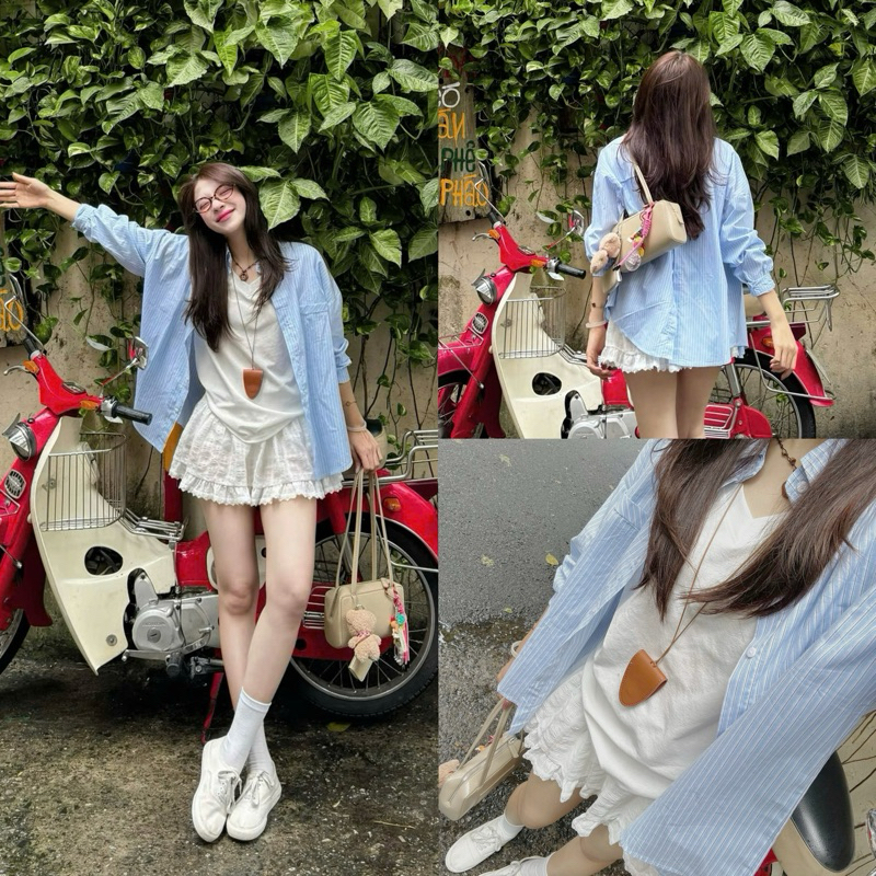 (OLDSCHOOL Photo) เสื้อเคทลายทางสีน้ําเงินหลวมและติดกระดุมหลัง A118